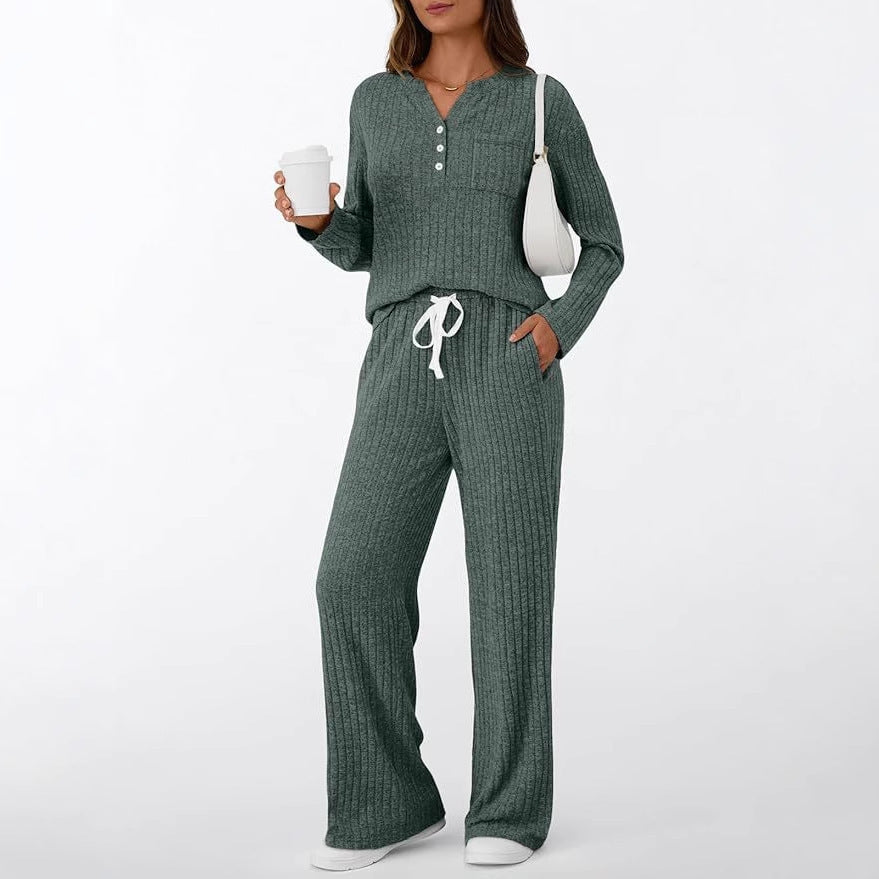 Relaxed Ribbed Brushed Knit Long Sleeve Pants Set