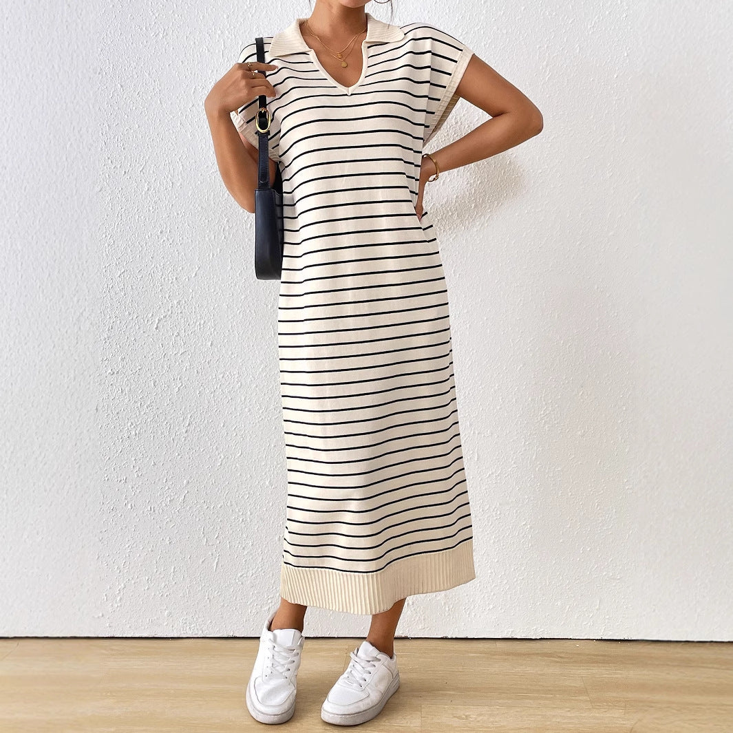 Striped V-Neck Casual Knit Dress