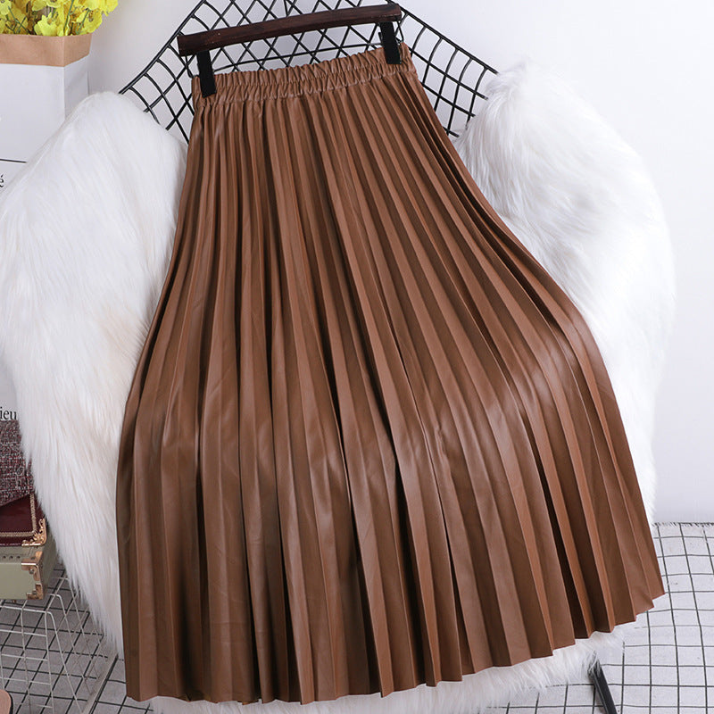 High-Waist Pleated A-Line PU Leather Skirt