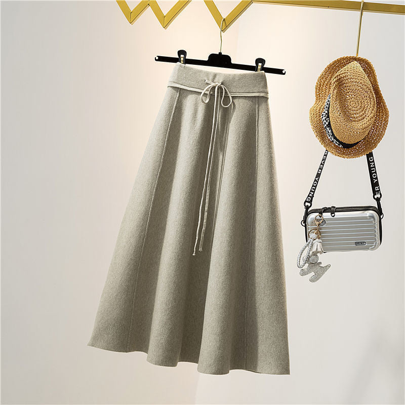 High-Waist Pleated Knit A-Line Skirt
