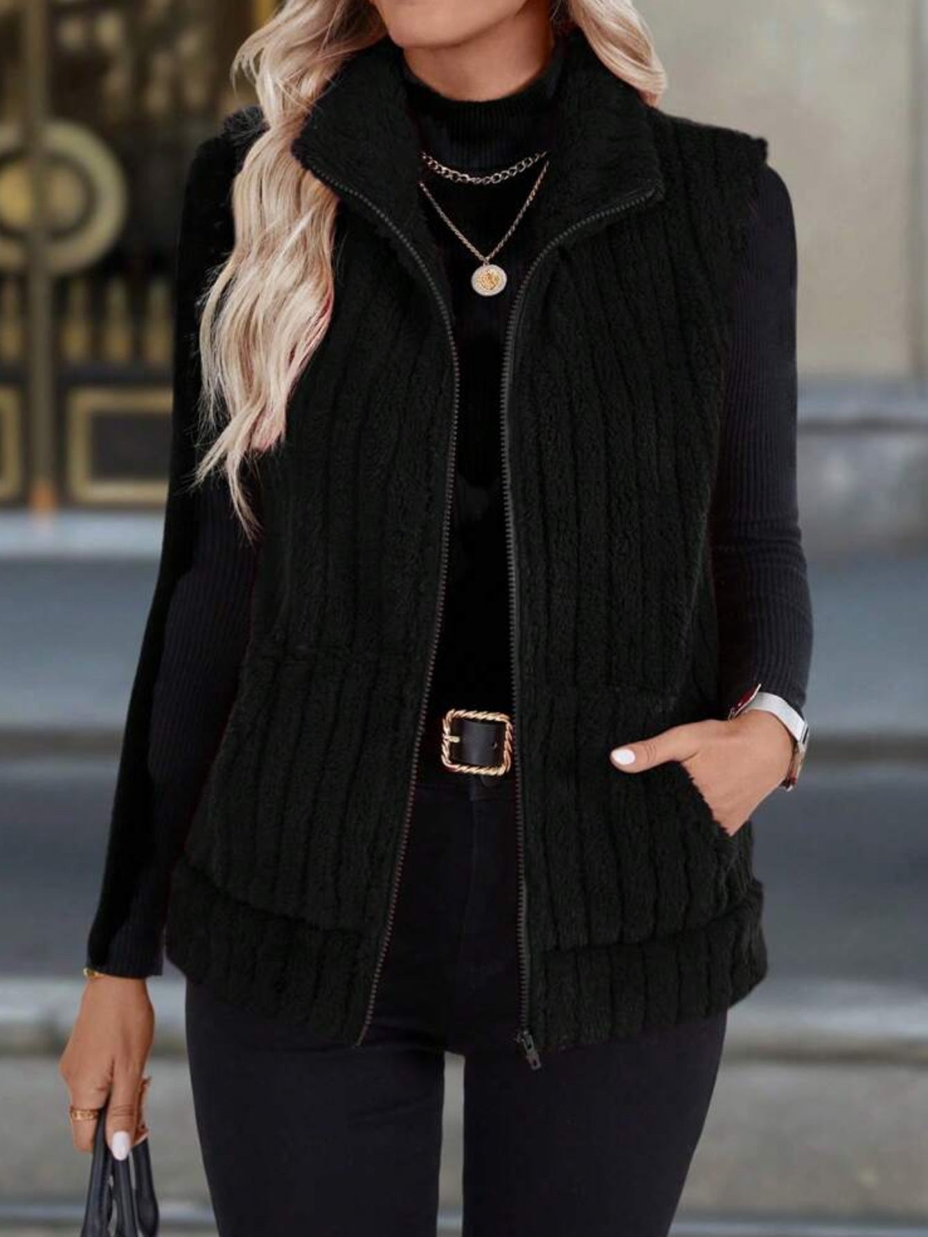 Plaid Zip-Up Fuzzy Vest with Pockets