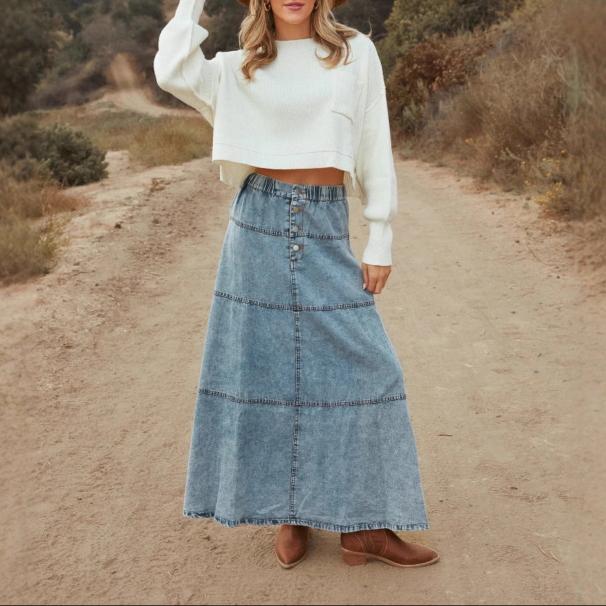 Button-Down Denim Maxi Skirt