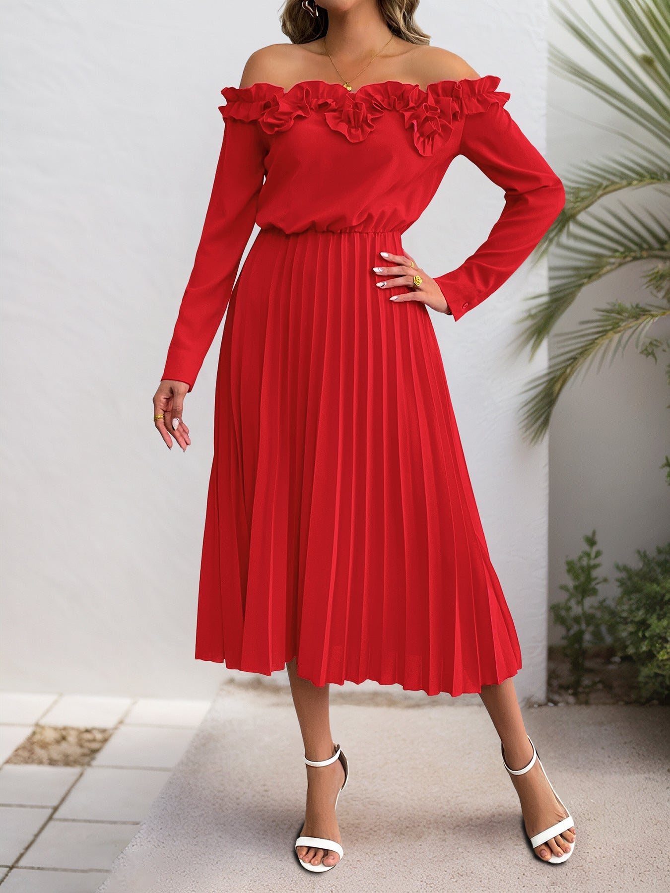 Off Shoulder Long Sleeve Solid Color Dress