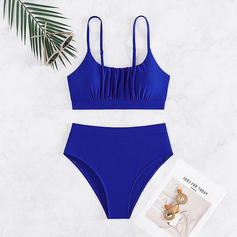 Solid Color High Waist Two Piece Bikini Set