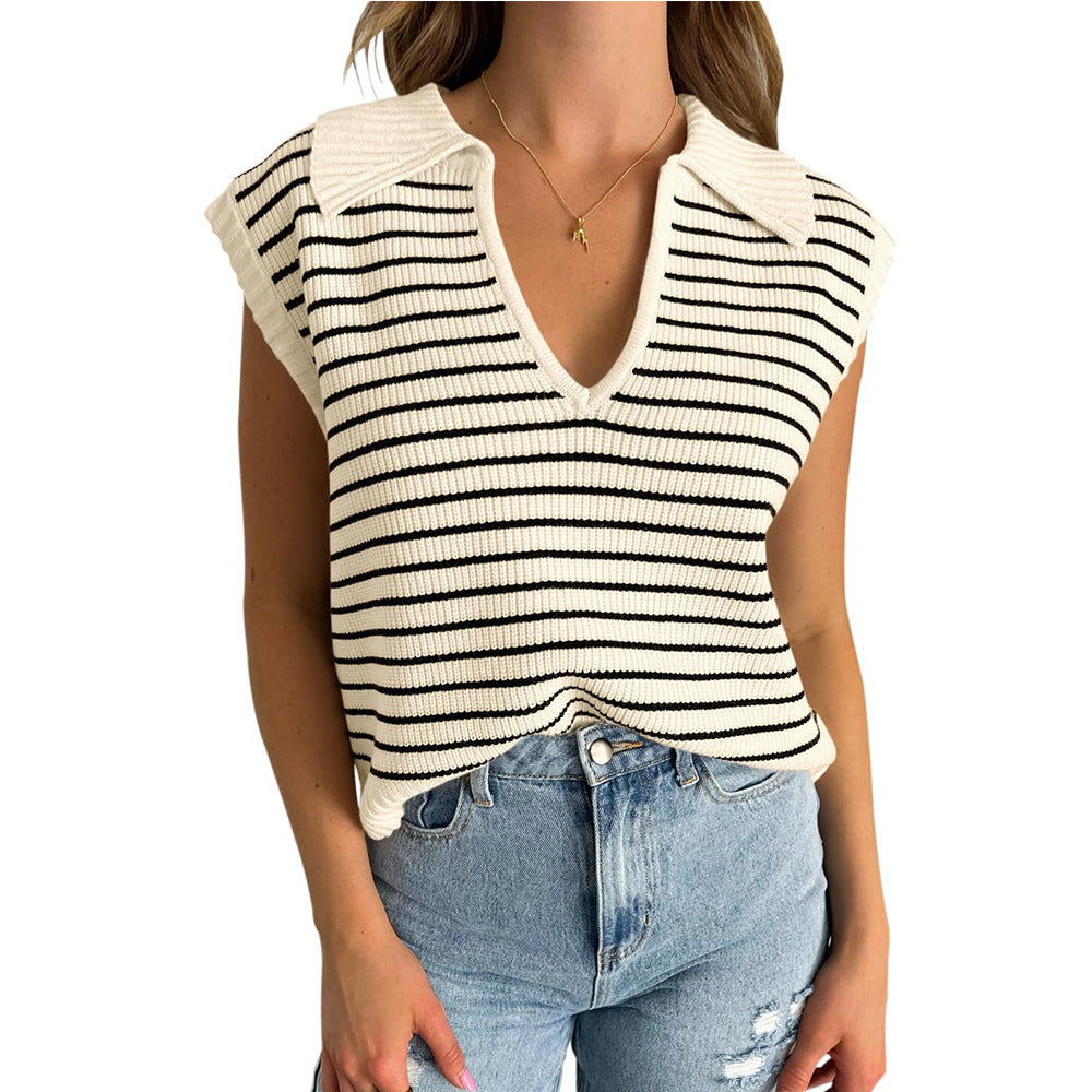 Striped V Neck Collared Knit Top