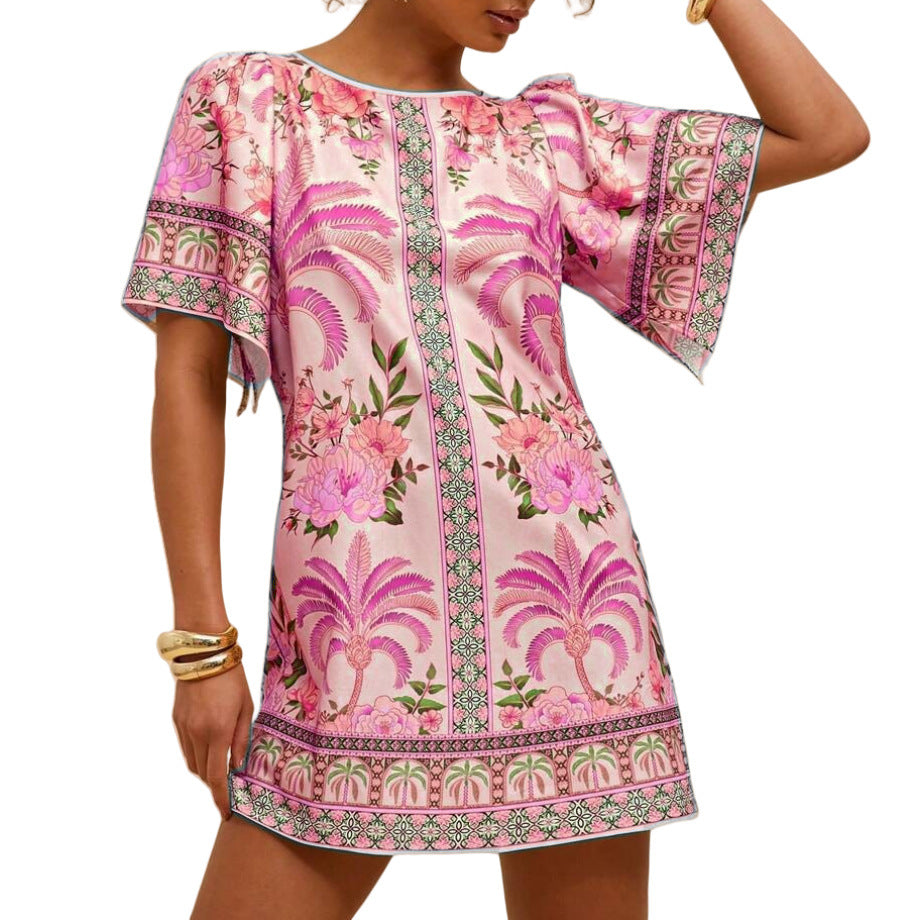 Vintage Round Neck Flared Sleeve Printed Dress