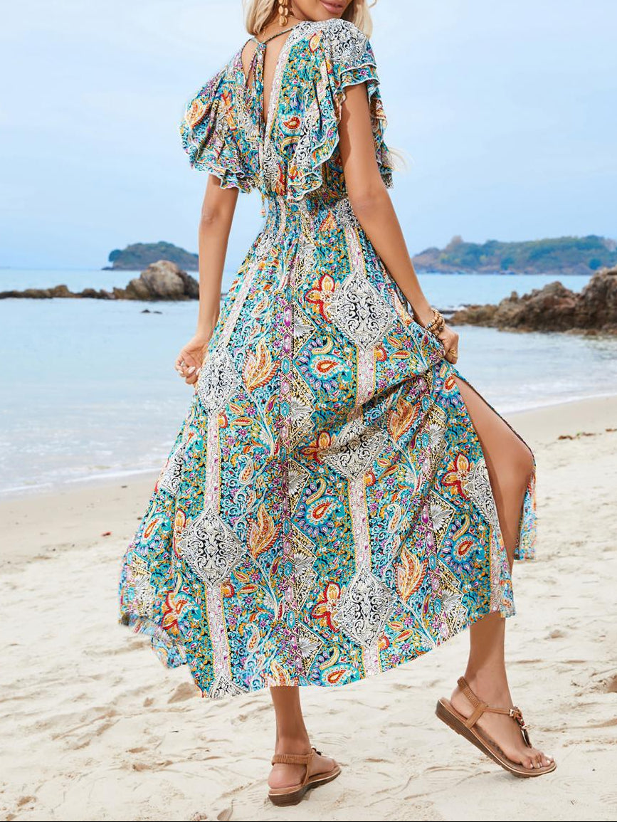Women's Boho V-Neck Backless Ruffle Print Maxi Dress
