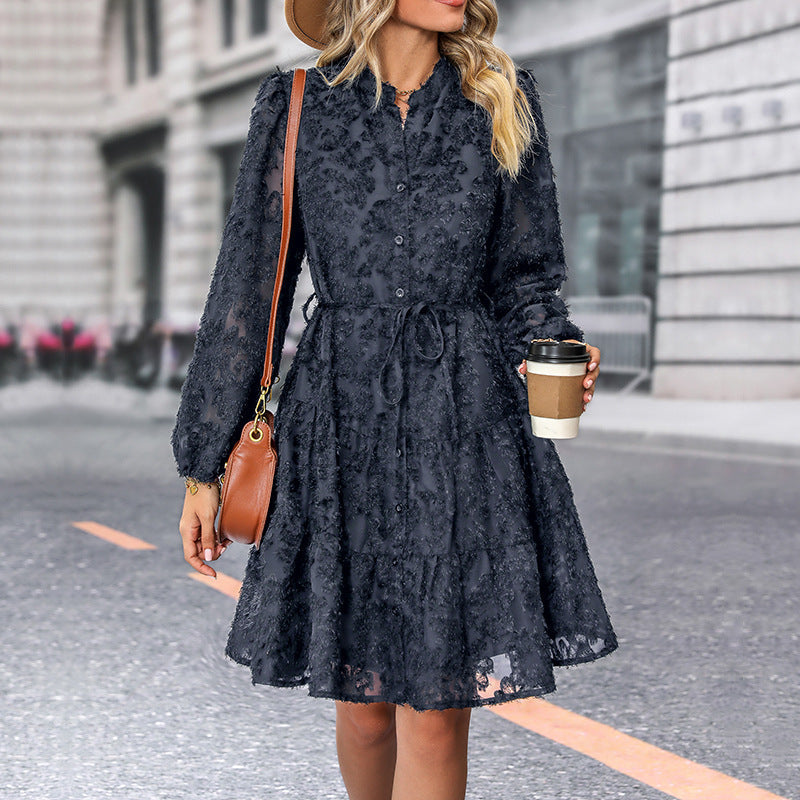 Lace Floral Button-Down Dress with Tie Waist
