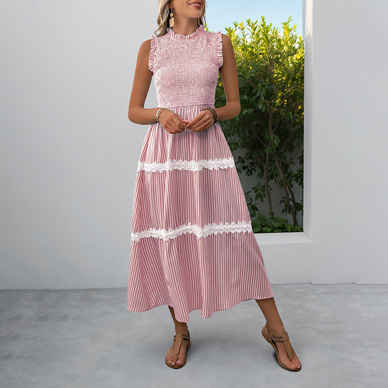 Sleeveless Striped Lace Ruffle Dress