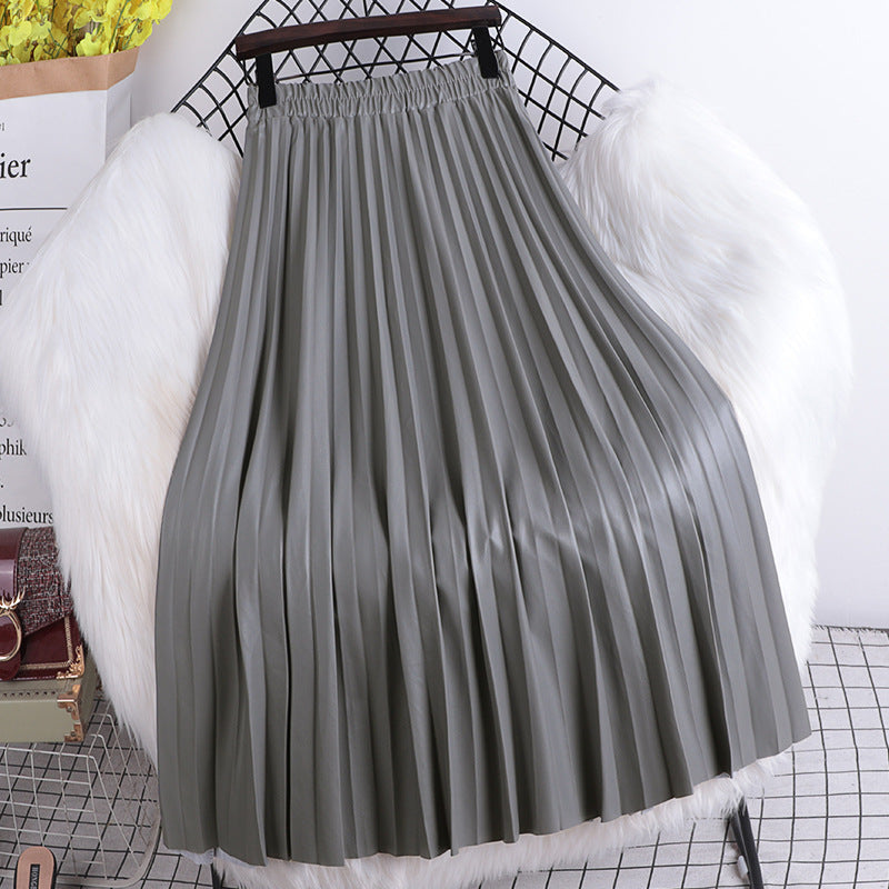High-Waist Pleated A-Line PU Leather Skirt