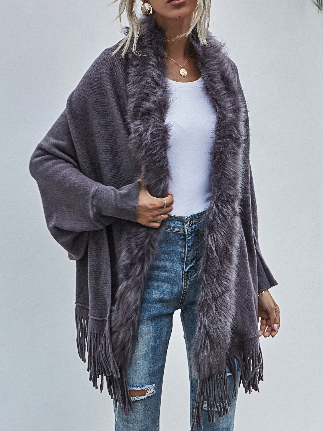 Faux Fur Collar Knit Cardigan