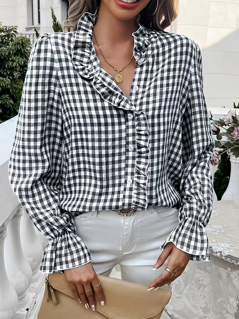 Ruffle Collar Plaid Long Sleeve Shirt