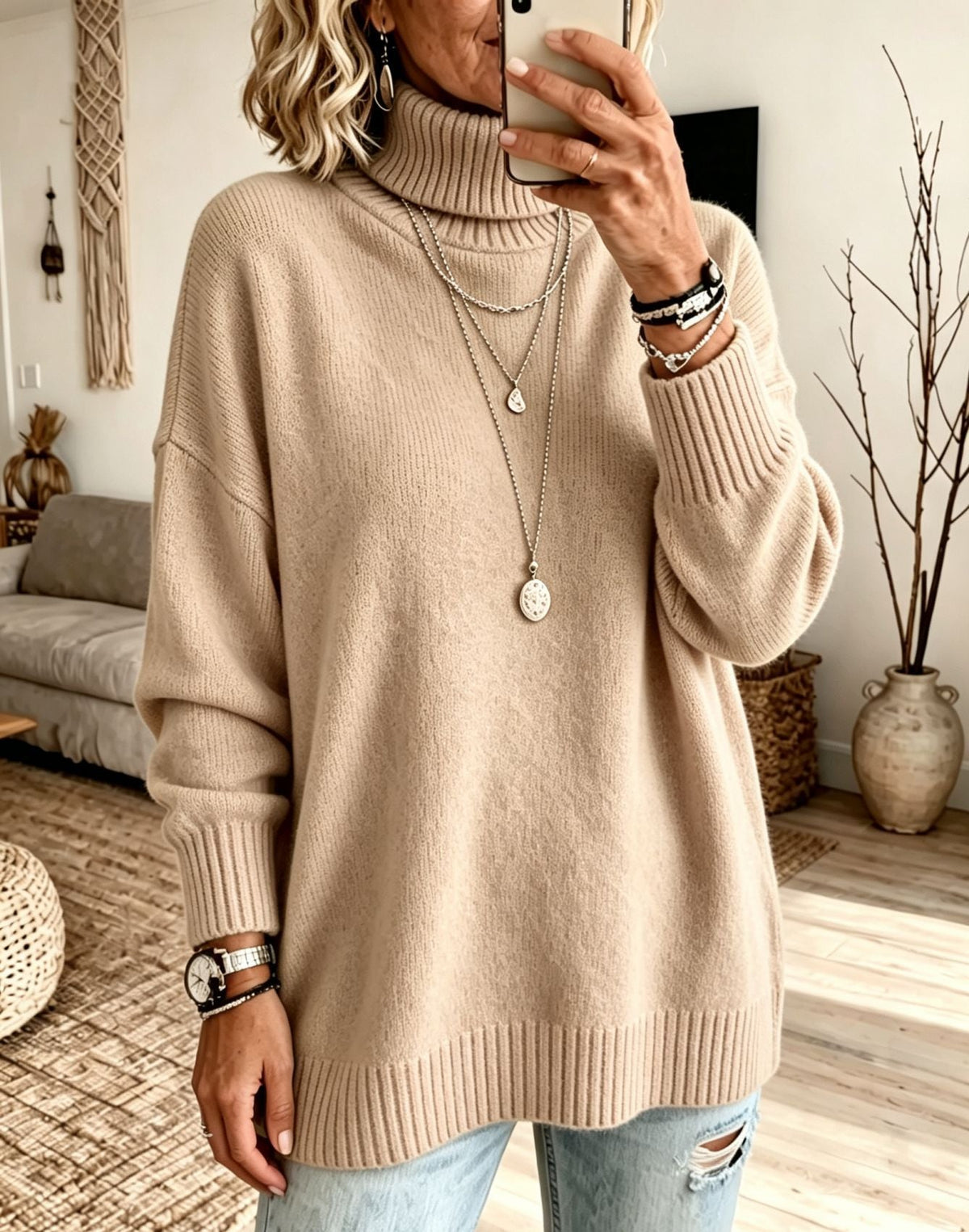 Women's Turtleneck Knit Sweater, Relaxed Fit Long Sleeve Pullover