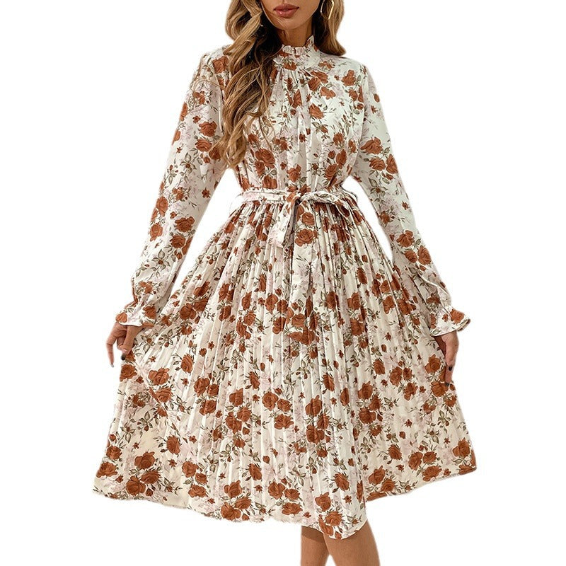 Floral Pleated Long Sleeve Dress with Belt