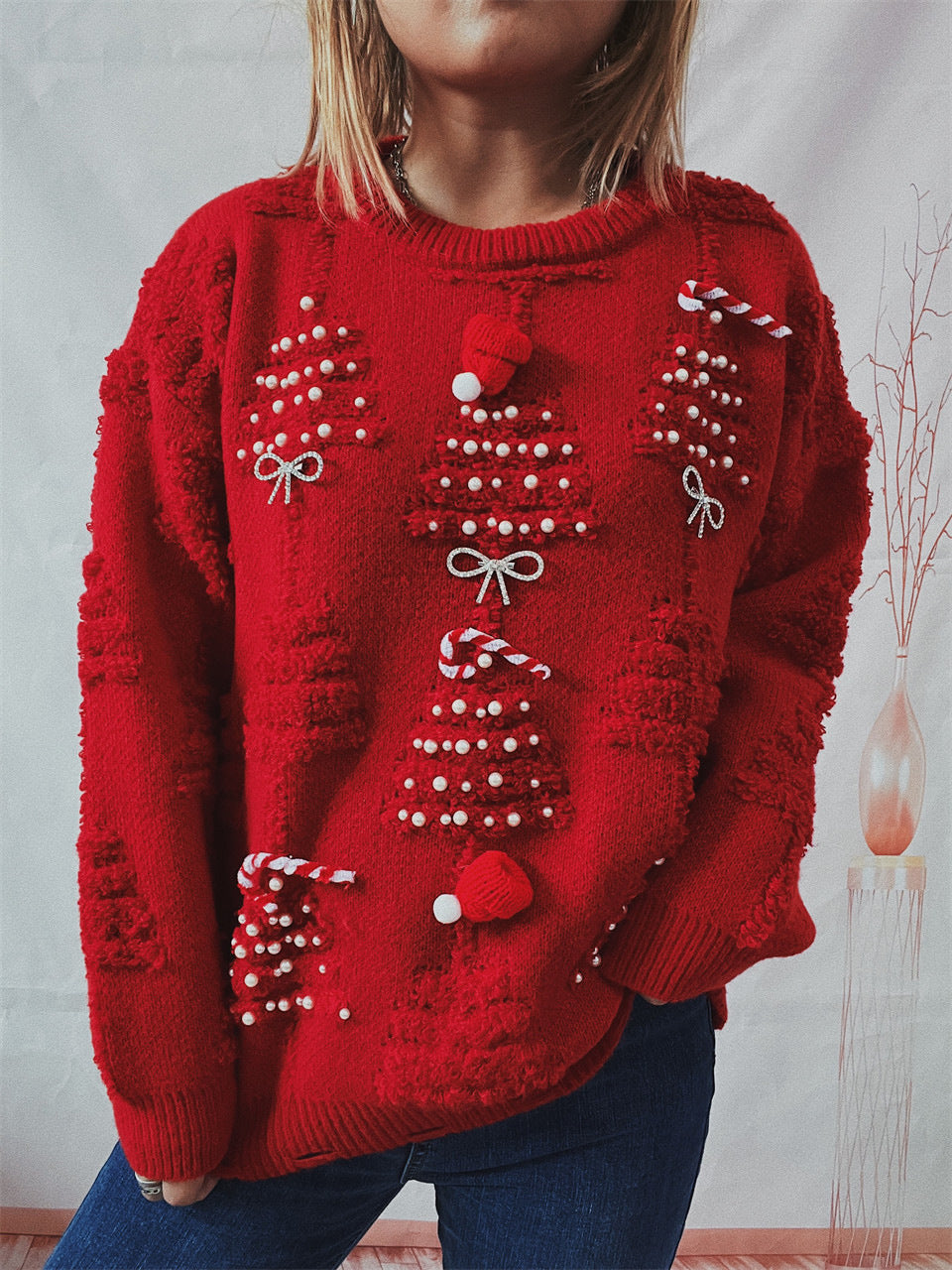 Handcrafted Pearl Embellished Knit Sweater