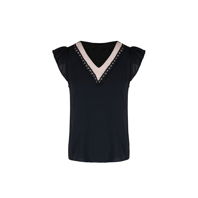 Color Block V Neck Short Sleeve Top