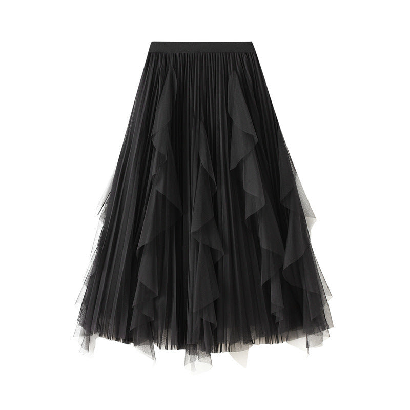 High Waist Ruffle Mesh Pleated Midi Skirt