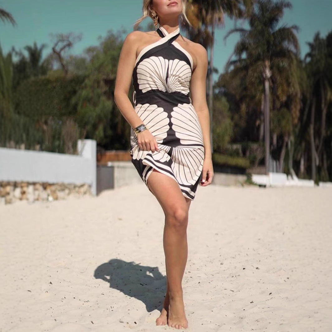 Halter Tie Shell Placement Print Maxi Dress