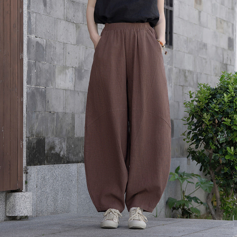 Linen Blend Lantern Wide-Leg Elastic Waist Pants