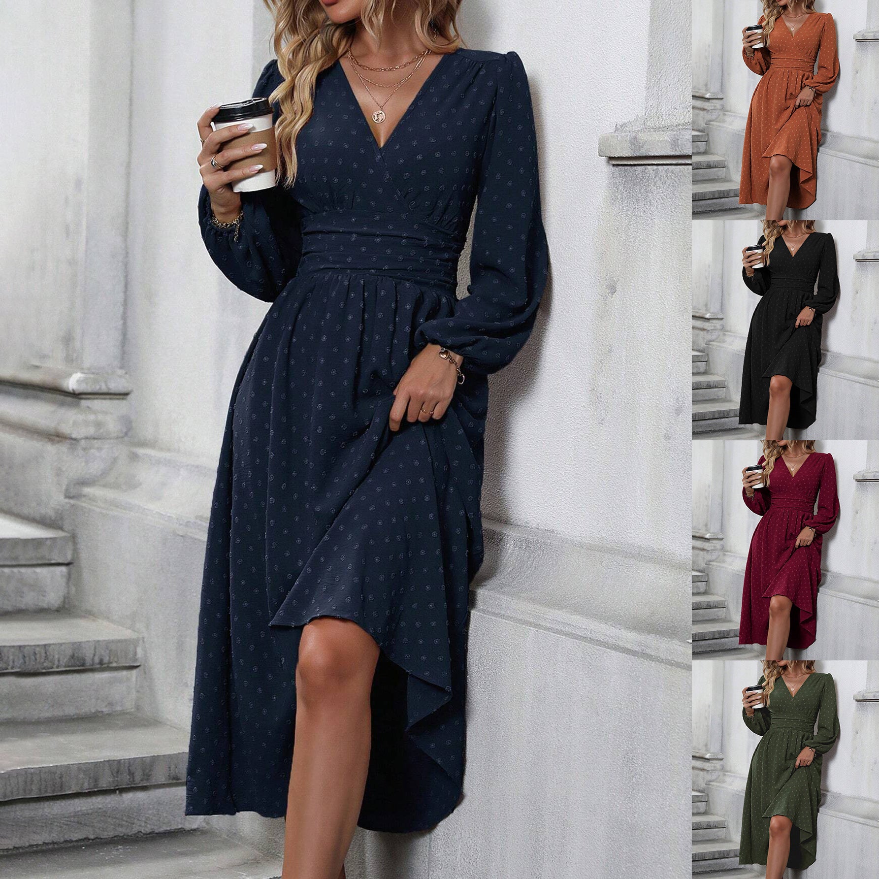 V-Neck Long Sleeve Floral Print Dress