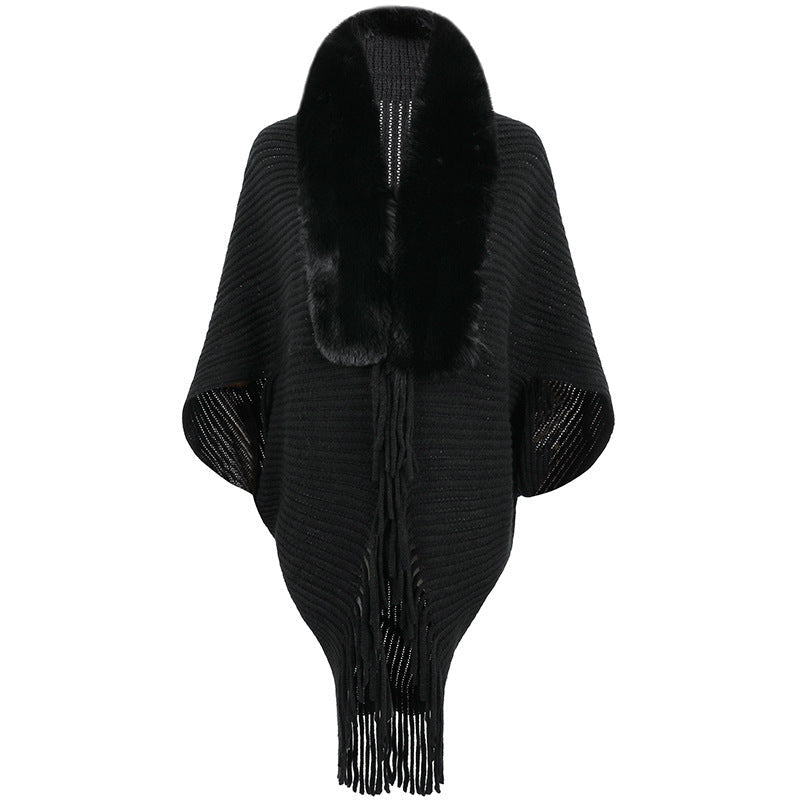 Faux Fur Trim Fringe Knit Cape