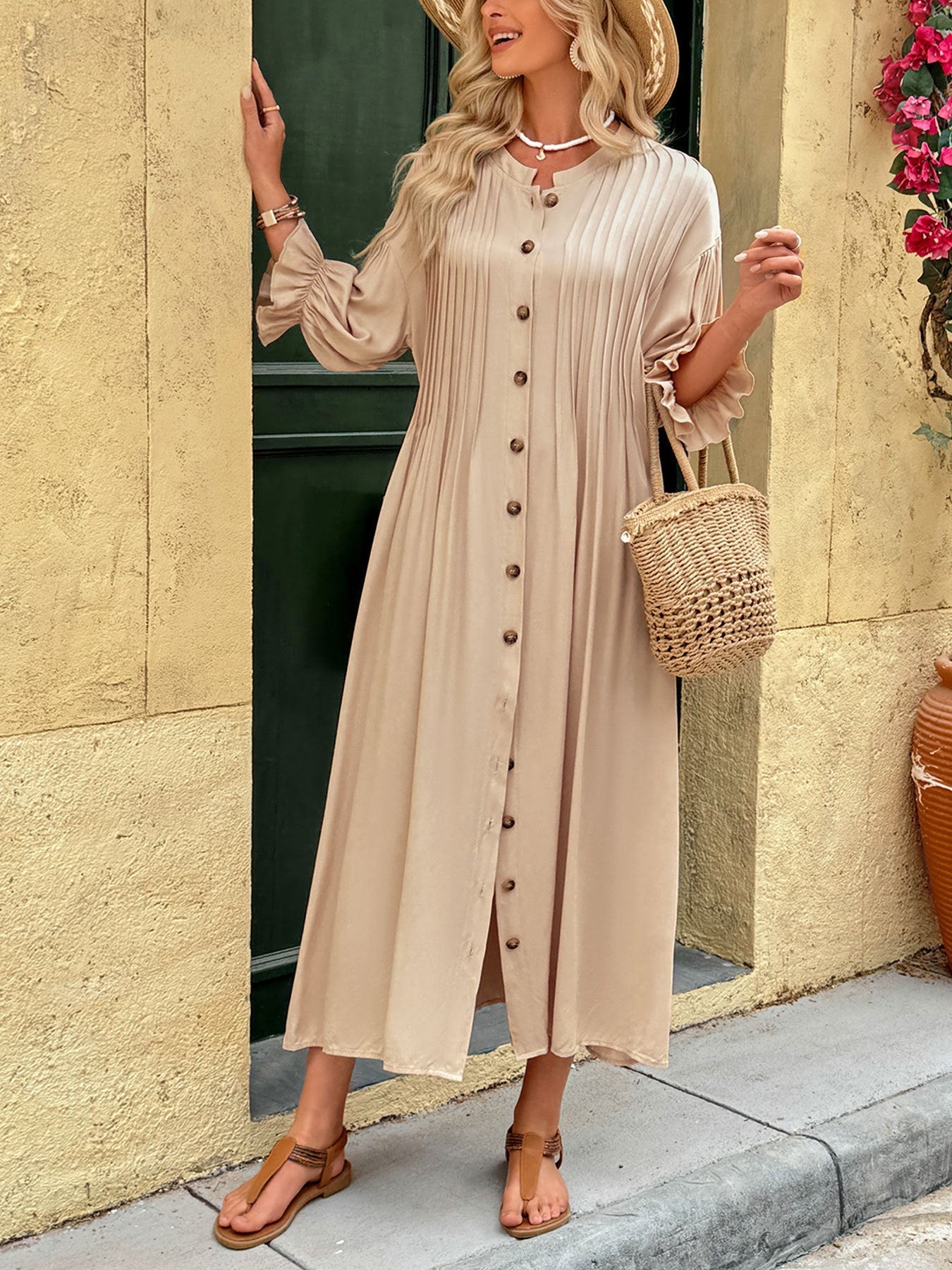 Vintage Button Front Waist Dress Women Summer Vacation