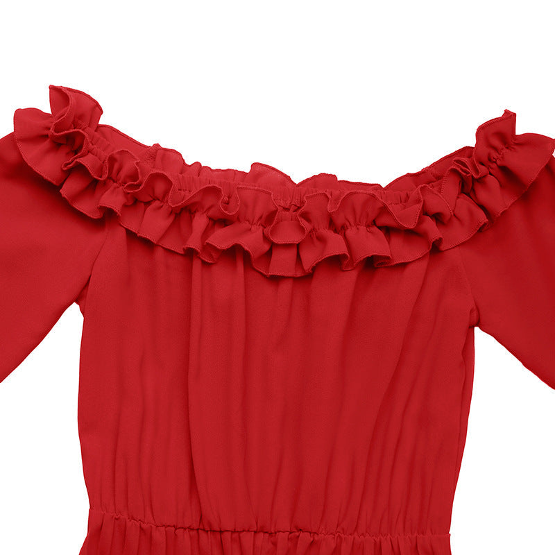 Off Shoulder Long Sleeve Solid Color Dress