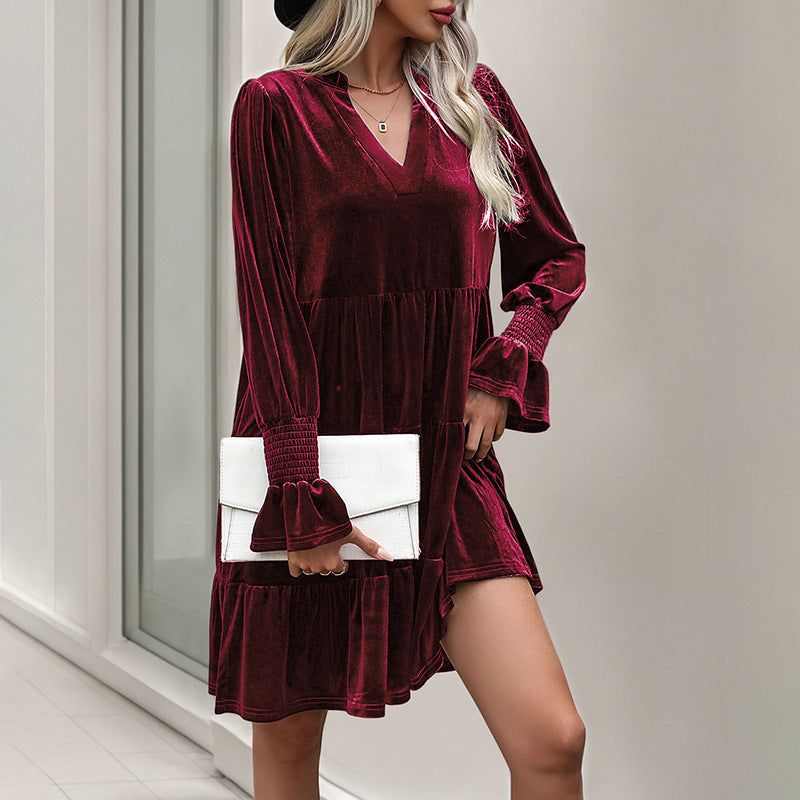 Velvet V-Neck Tiered Dress with Long Sleeves