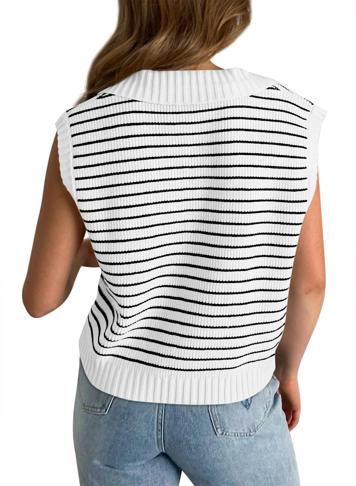 Striped V Neck Collared Knit Top