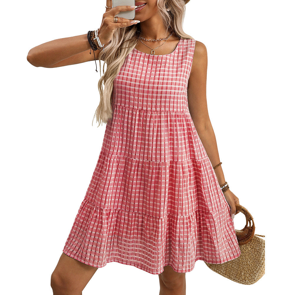 Sleeveless Plaid Chiffon Loose Flow Dress