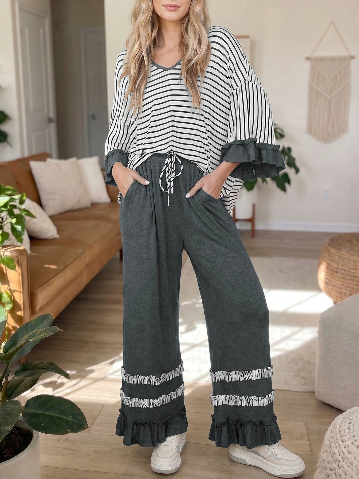 Women’s Striped Ruffle Sleeve Two-Piece Lounge Set – Casual Top & Wide Leg Pants
