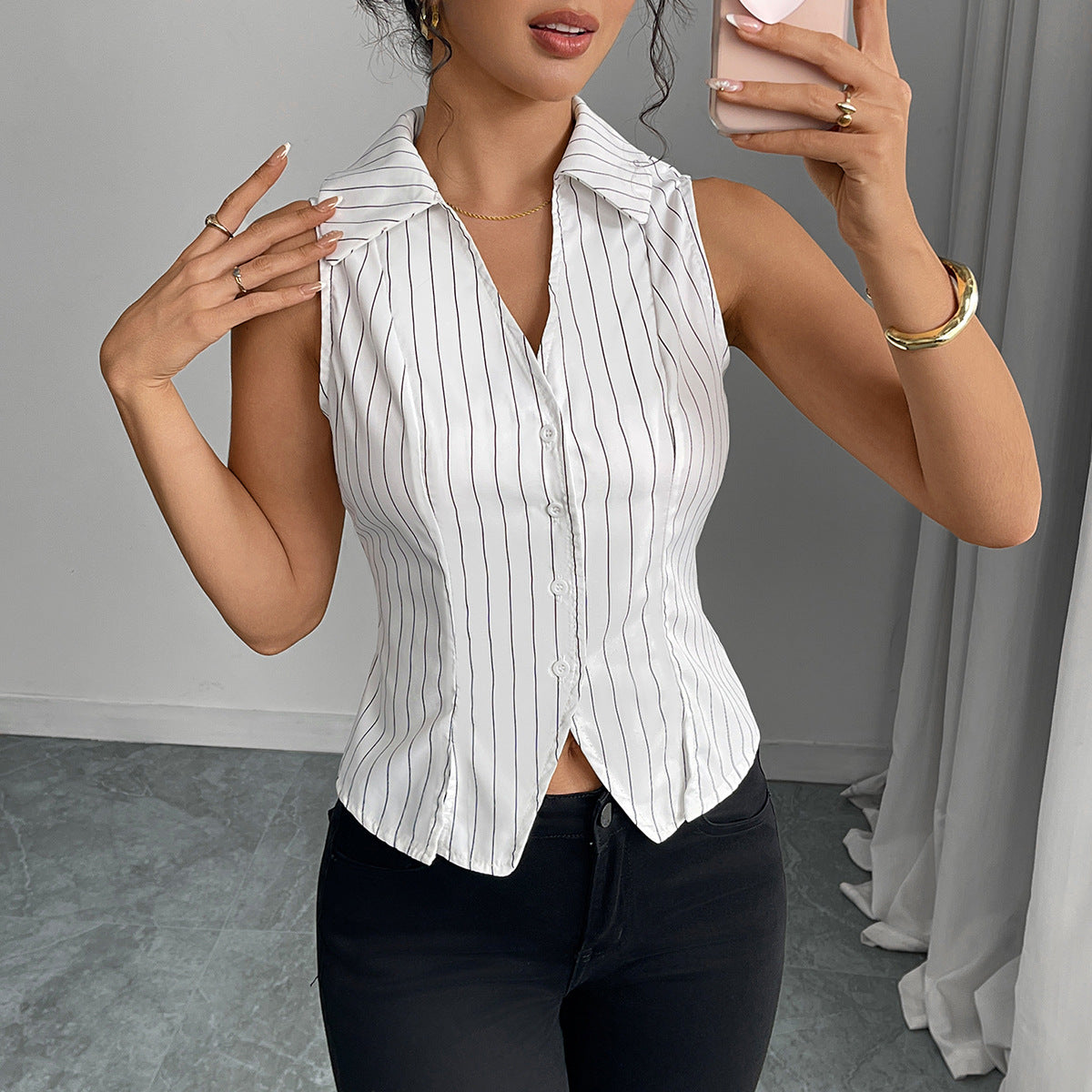 Striped Sleeveless Button-Down Blouse