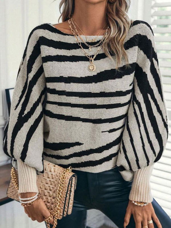 Loose Knit Zebra Pattern Off Shoulder Batwing Sweater