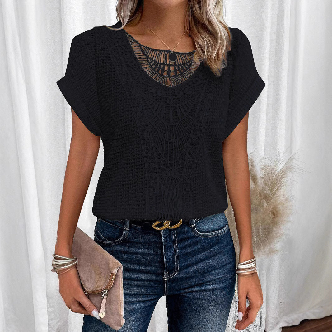Floral Lace Trim V-neck Short Sleeve Blouse
