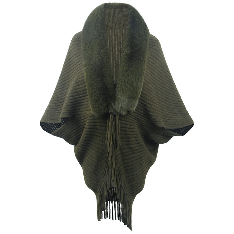 Faux Fur Trim Fringe Knit Cape