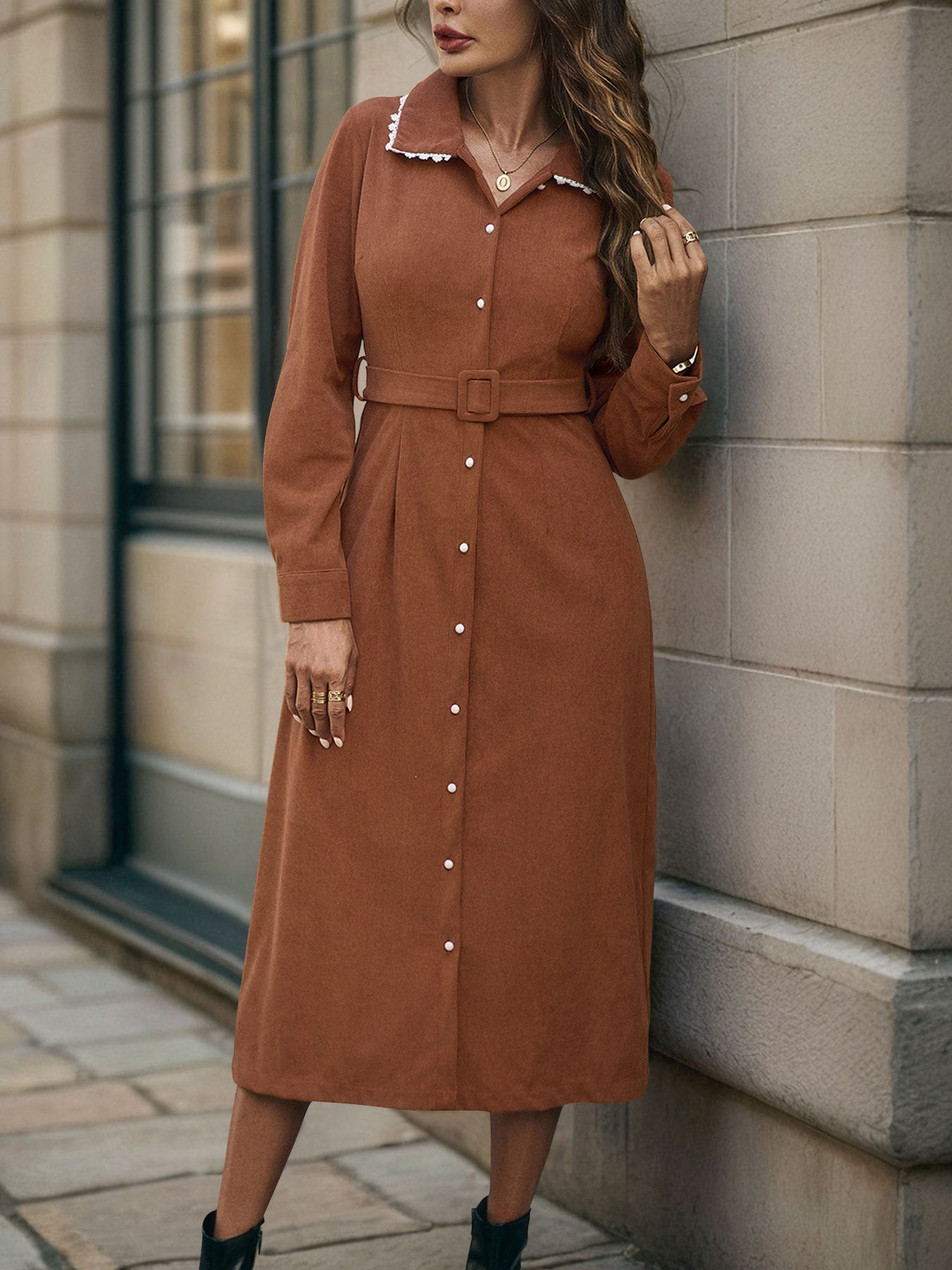 Vintage Corduroy Shirt Dress Lace Collar Women