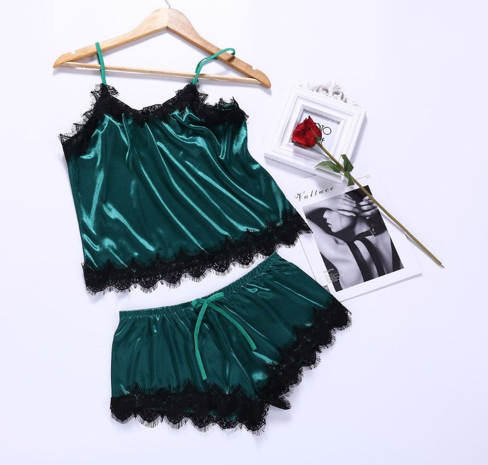 Faux Silk Lace Trim Two Piece Pajama Set