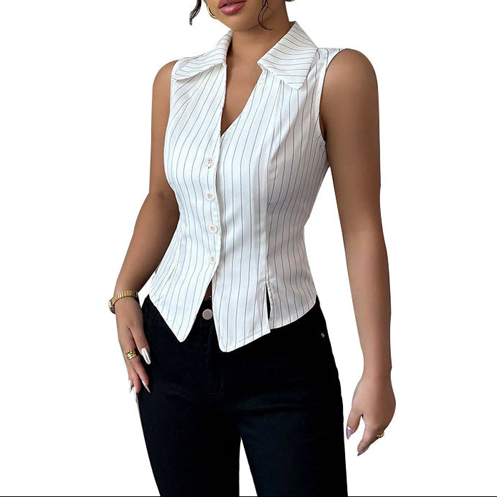 Striped Sleeveless Button-Down Blouse