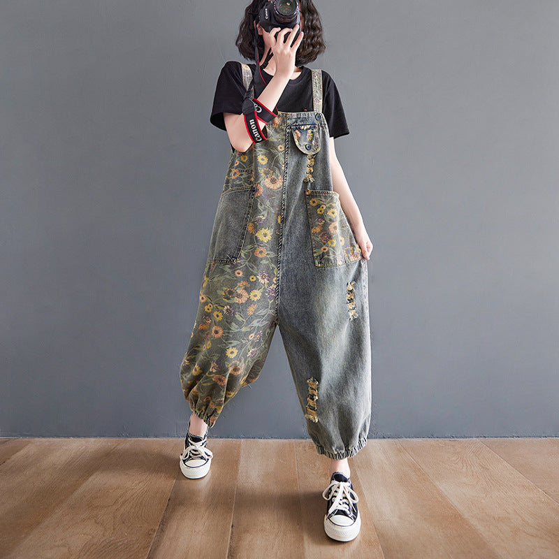 Plus Size Printed Denim Overalls