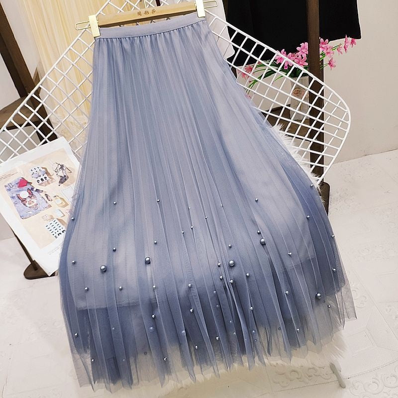 Beaded Mesh Pleated Midi Skirt