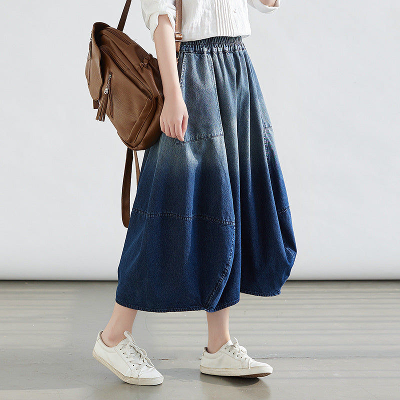 Washed A-Line Midi Skirt with Flared Hem
