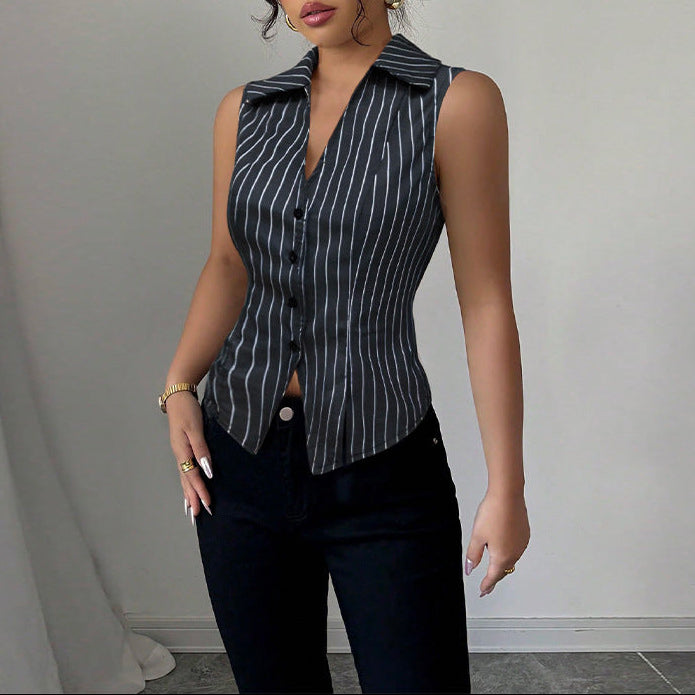 Striped Sleeveless Button-Down Blouse
