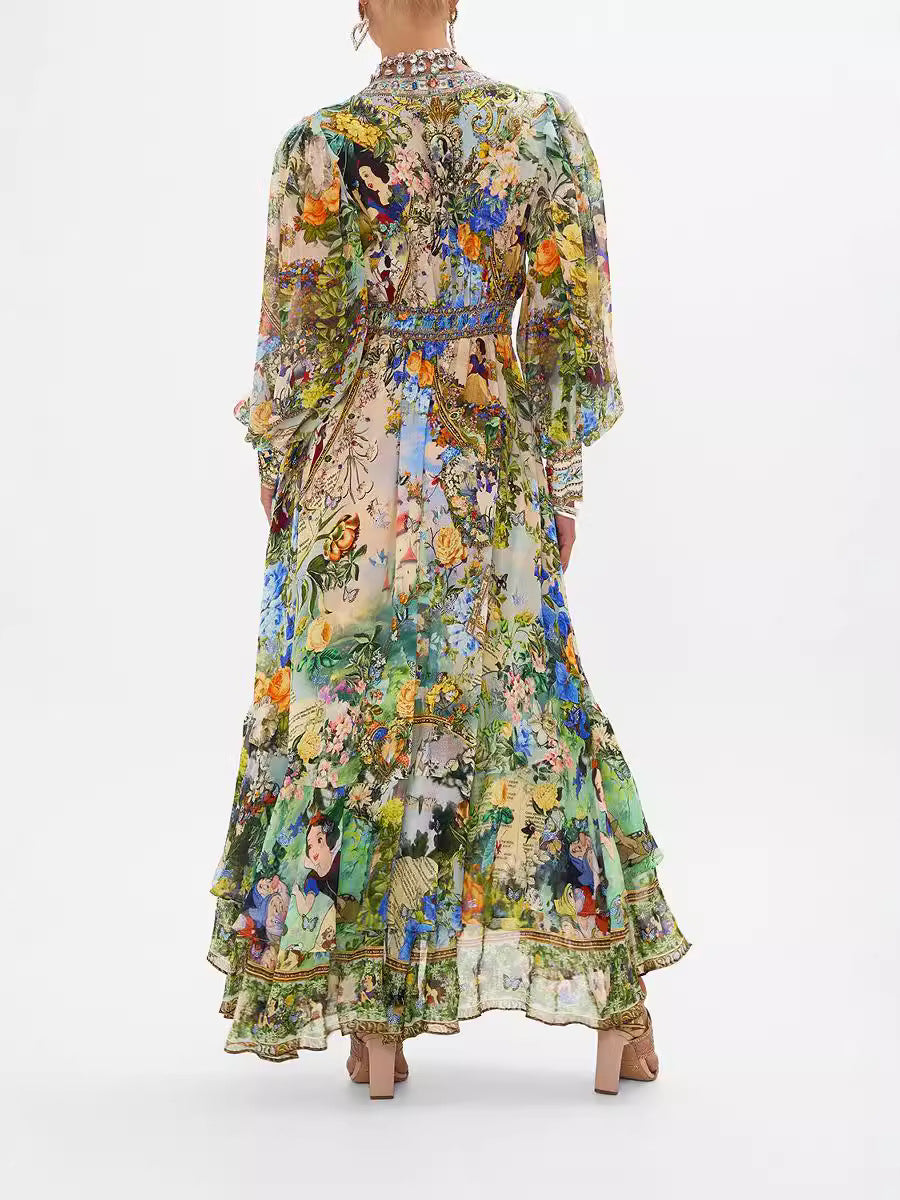 Printed V-Neck Long Sleeve Chiffon Dress
