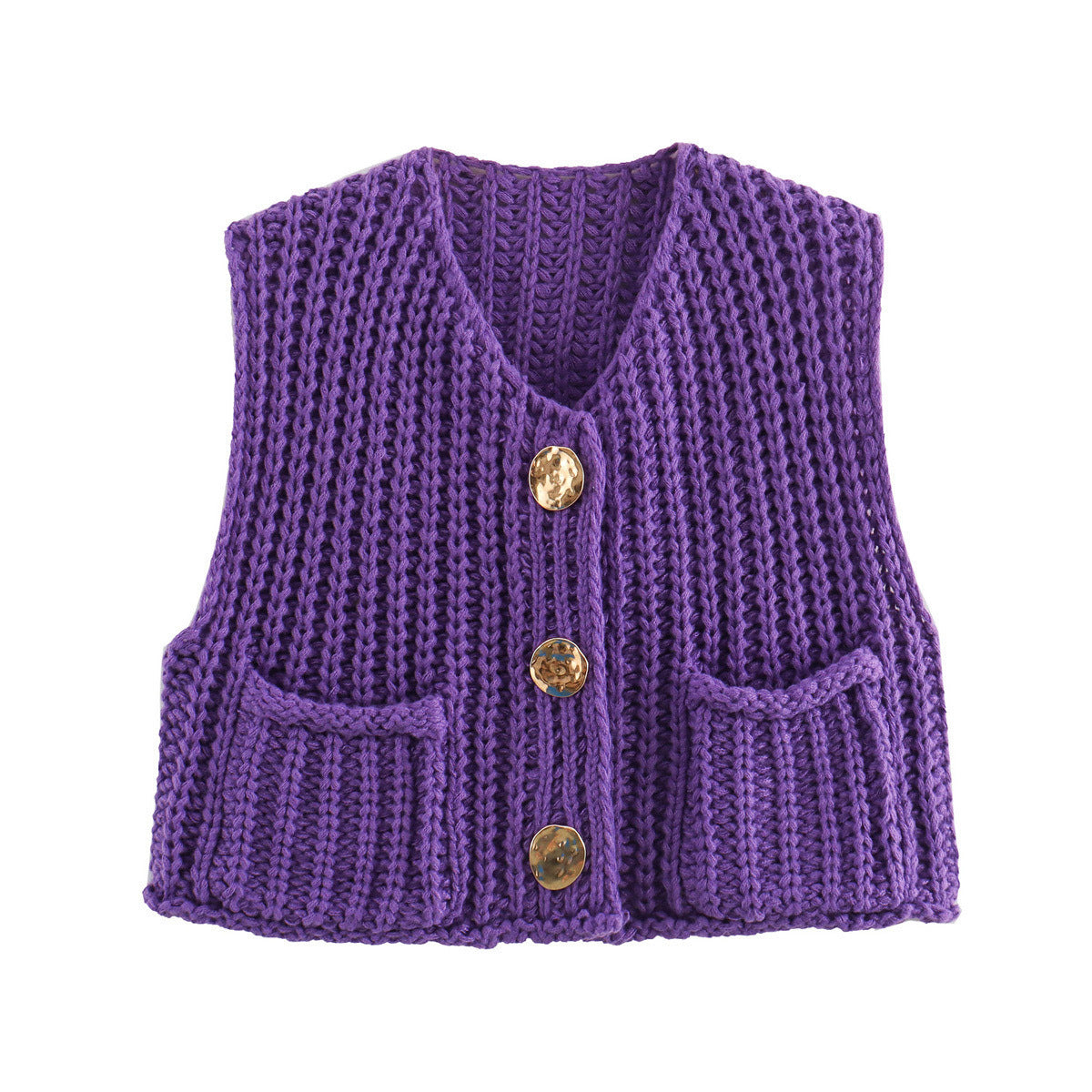 V-Neck Button Front Knitted Vest with Pockets