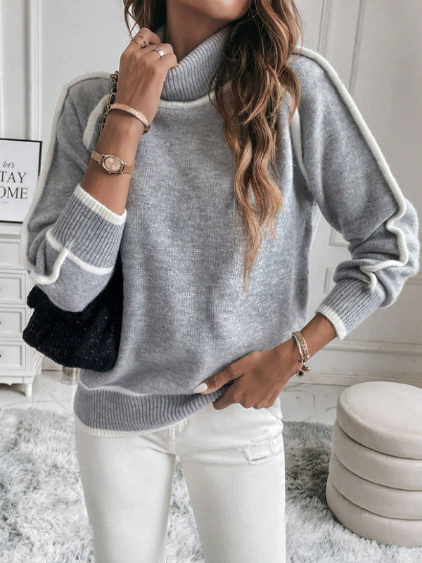 Loose Fit High Neck Long Sleeve Knit Sweater for Women