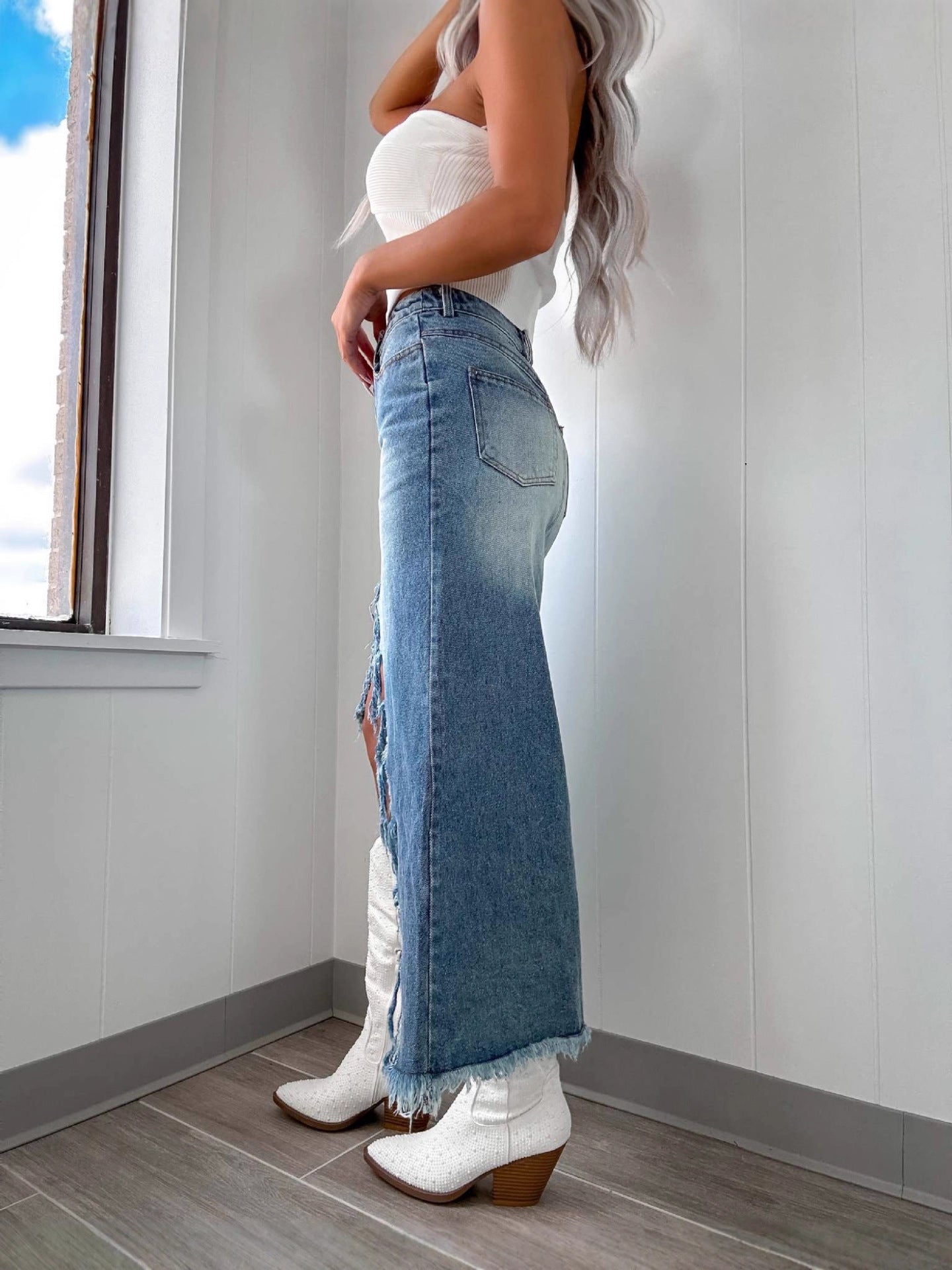 High-Waist Distressed Denim Skirt