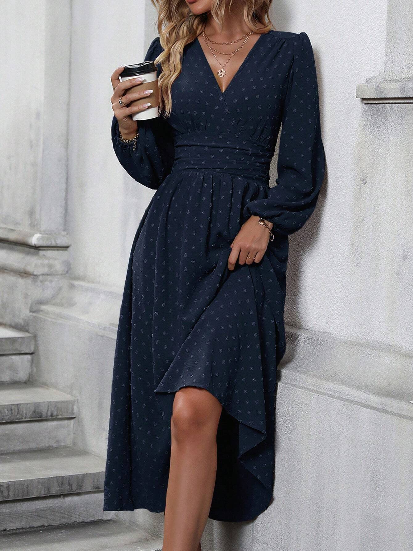 V-Neck Long Sleeve Floral Print Dress