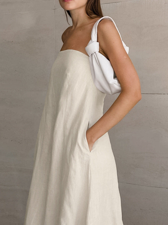 French Style Strapless Backless Linen Maxi Dress