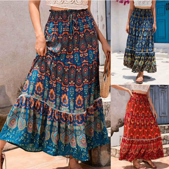 Bohemian Printed Maxi Skirt with Lace Trim