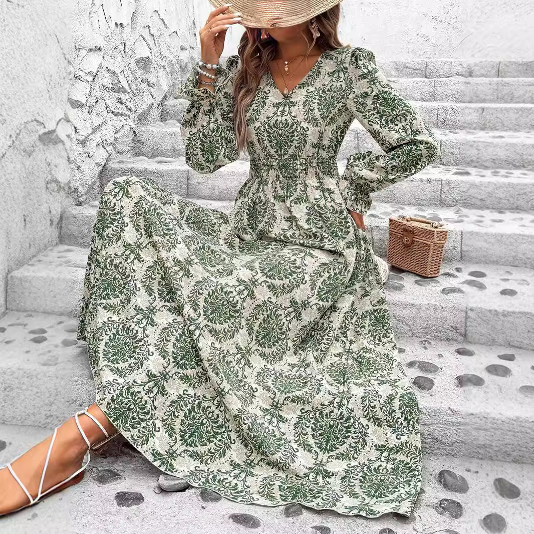 Floral Print V-Neck Long Sleeve Dress
